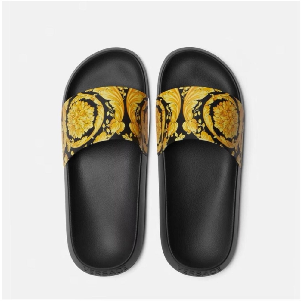 VERSACE Barocco rubber slides in black and gold Medusa design
